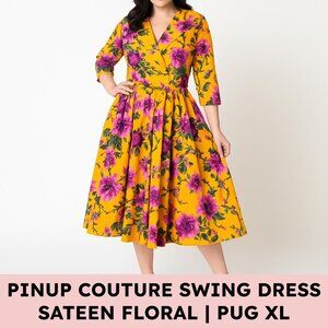 Pinup Couture Birdie Swing Dress Cotton Sateen Mustard Floral XL (Fits 14/16)